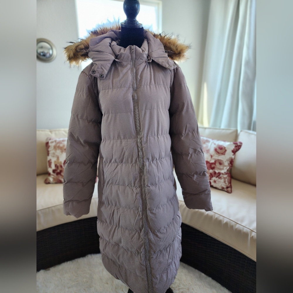 Creatmo US Women's Taupe Puffer Trench Coat with Faux Fur Hood size L